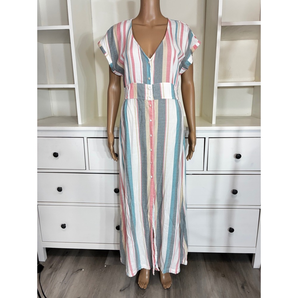 Roxy Womens Striped Button Front V-Neck Maxi Dress Multicolor Size Medium